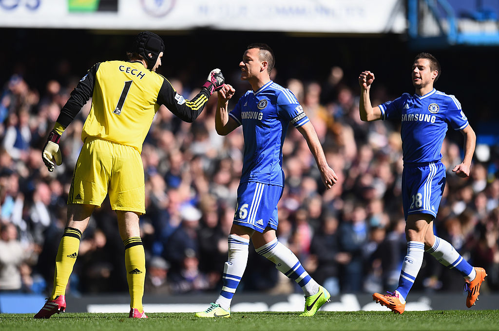 Petr Cech, John Terry, Andre Schurrle of Chelsea celebrates scoring his second goal with Nemanja Matic